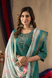 Sea Green Embroidered Kurta Pant Set with Floral Printed Dupatta