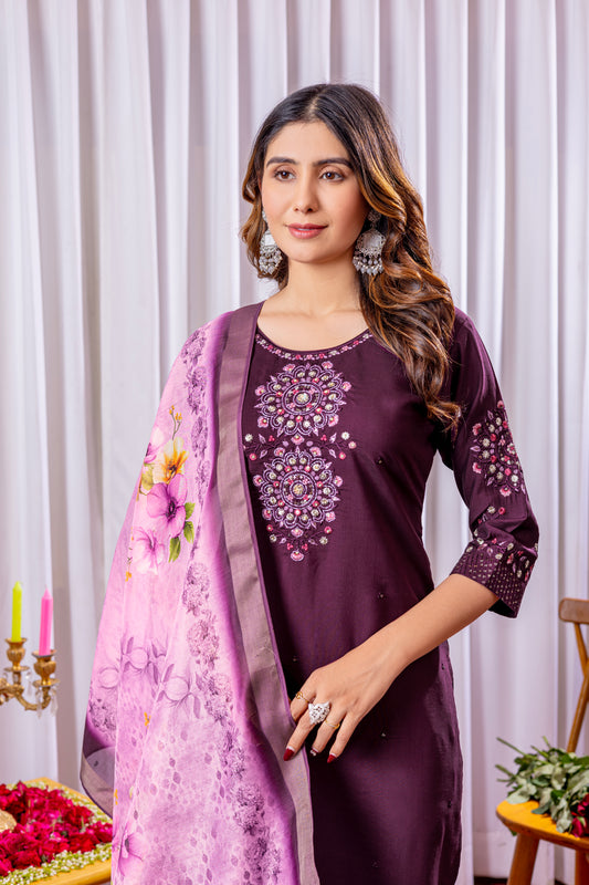 Wine Purple Embroidered Kurta Pant Set with Floral Organza Dupatta