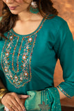 Teal Green Embroidered Kurta Pant Set with Banarasi Dupatta
