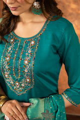 Teal Green Embroidered Kurta Pant Set with Banarasi Dupatta