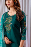 Emerald Green Embroidered Kurta Pant Set with Floral Organza Dupatta