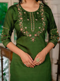 Bottle Green Embroidered Kurta Pant Set with Dupatta