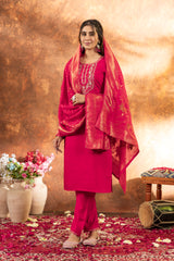 Rani Pink Embroidered Kurta Pant Set with Banarasi Dupatta