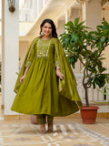 Olive Green Anarkali Kurta Set with Embroidered Dupatta