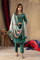 Sea Green Embroidered Kurta Pant Set with Floral Printed Dupatta