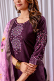 Wine Purple Embroidered Kurta Pant Set with Floral Organza Dupatta