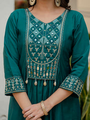 Teal Green Anarkali Kurta Set with Embroidered Dupatta