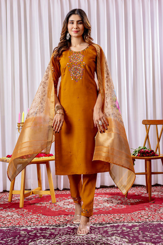 Mustard Yellow Embroidered Kurta Pant Set with Floral Organza Dupatta