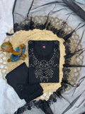 Black Embroidered Kurta Set with Floral Dupatta