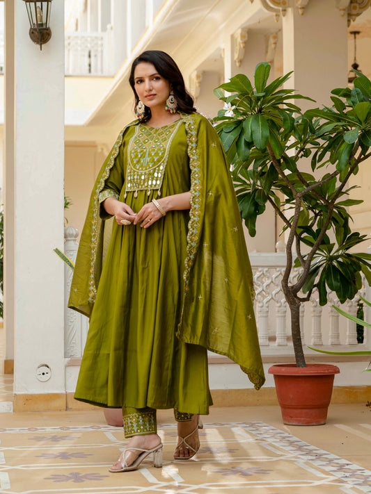 Olive Green Anarkali Kurta Set with Embroidered Dupatta