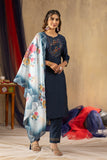Navy Blue Embroidered Kurta Pant Set with Floral Printed Dupatta