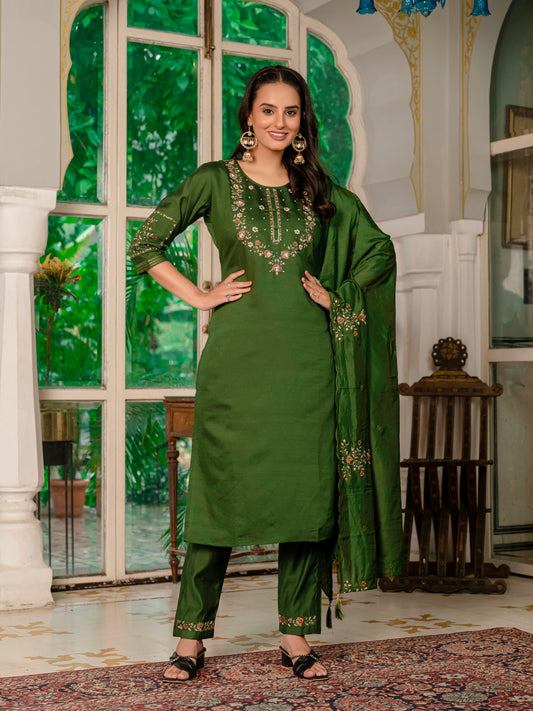 Bottle Green Embroidered Kurta Pant Set with Dupatta