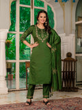 Bottle Green Embroidered Kurta Pant Set with Dupatta