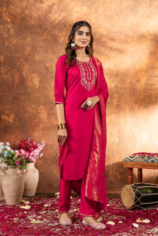 Rani Pink Embroidered Kurta Pant Set with Banarasi Dupatta
