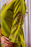 Lime Green Embroidered Kurta Pant Set with Floral Organza Dupatta