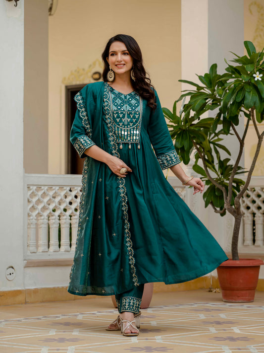 Teal Green Anarkali Kurta Set with Embroidered Dupatta