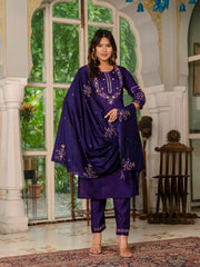Royal Purple Embroidered Kurta Pant Set with Dupatta
