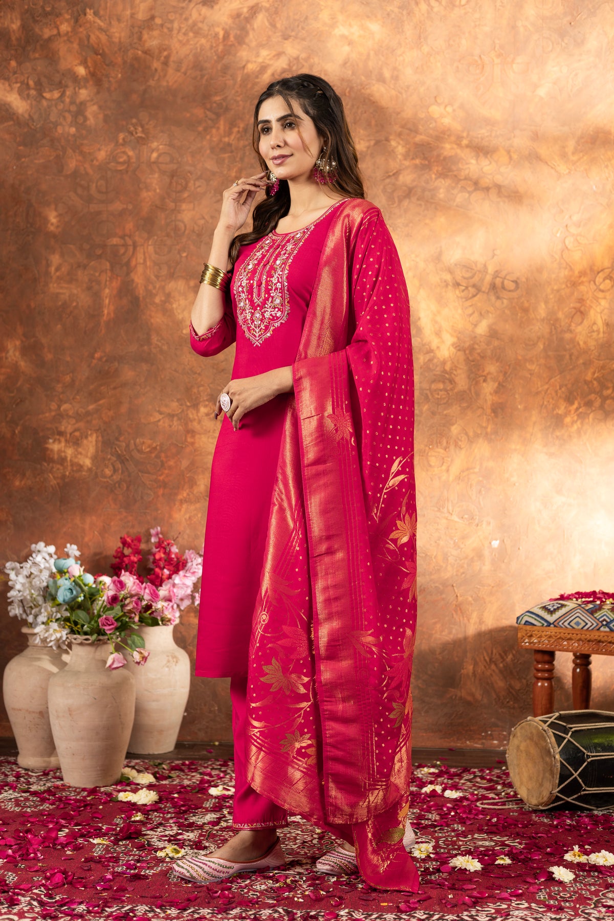 Rani Pink Embroidered Kurta Pant Set with Banarasi Dupatta