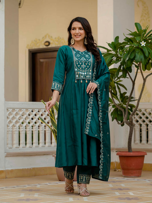 Teal Green Anarkali Kurta Set with Embroidered Dupatta