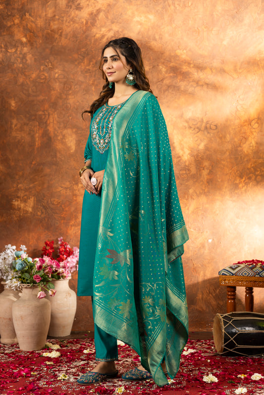 Teal Green Embroidered Kurta Pant Set with Banarasi Dupatta