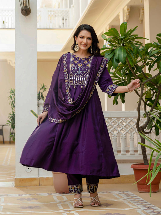 Royal Purple Anarkali Kurta Set with Embroidered Dupatta