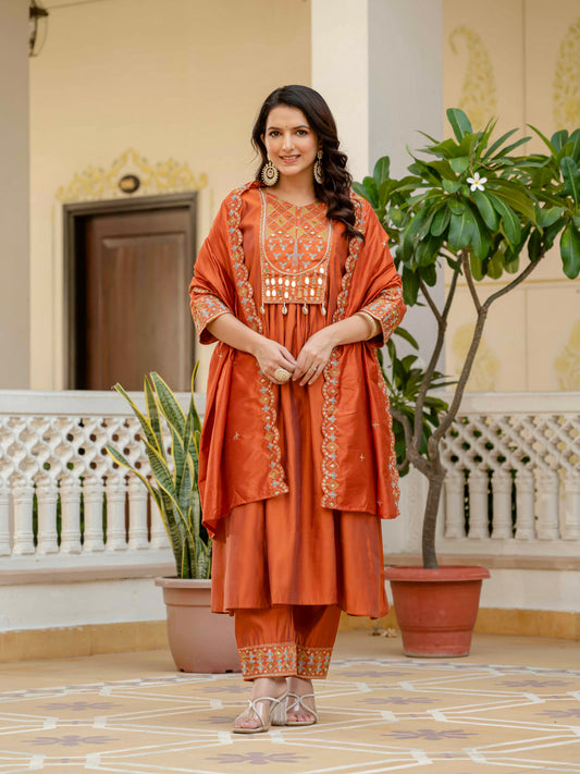 Rust Orange Anarkali Kurta Set with Embroidered Dupatta