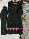 Black Embroidered Kurta Set with Floral Dupatta