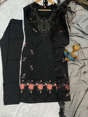 Black Embroidered Kurta Set with Floral Dupatta