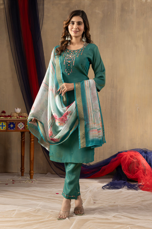 Sea Green Embroidered Kurta Pant Set with Floral Printed Dupatta