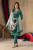 Sea Green Embroidered Kurta Pant Set with Floral Printed Dupatta
