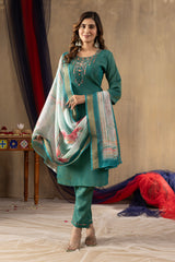 Sea Green Embroidered Kurta Pant Set with Floral Printed Dupatta