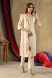 Ivory Embroidered Kurta Pant Set with Floral Printed Dupatta