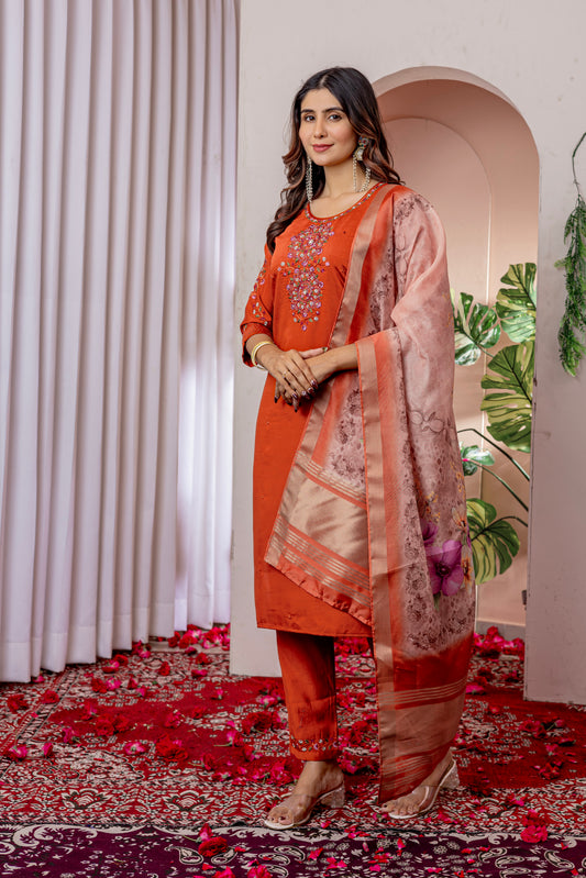 Rust Orange Embroidered Kurta Pant Set with Floral Organza Dupatta