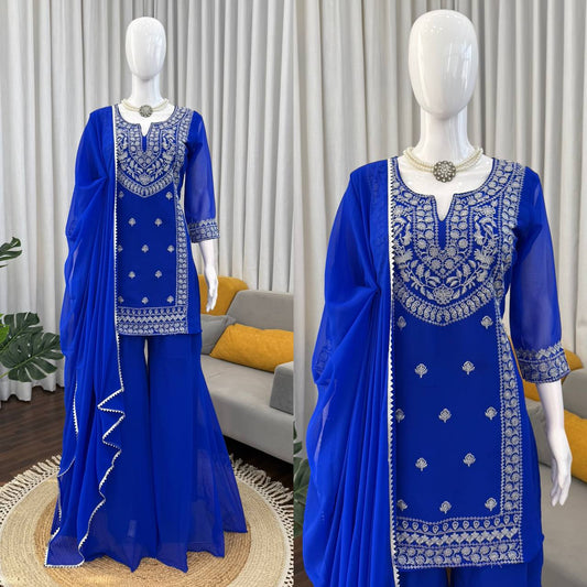 Royal Blue Embroidered Kurta with Heavy Silver Zari Neckline & Intricate Traditional Floral