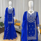 Royal Blue Embroidered Kurta with Heavy Silver Zari Neckline & Intricate Traditional Floral
