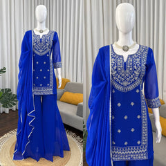 Royal Blue Embroidered Kurta with Heavy Silver Zari Neckline & Intricate Traditional Floral