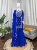 Royal Blue Embroidered Kurta with Heavy Silver Zari Neckline & Intricate Traditional Floral
