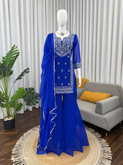Royal Blue Embroidered Kurta with Heavy Silver Zari Neckline & Intricate Traditional Floral