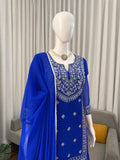 Royal Blue Embroidered Kurta with Heavy Silver Zari Neckline & Intricate Traditional Floral