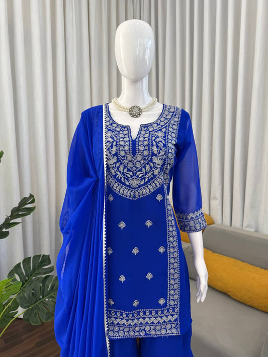 Royal Blue Embroidered Kurta with Heavy Silver Zari Neckline & Intricate Traditional Floral