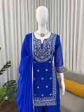 Royal Blue Embroidered Kurta with Heavy Silver Zari Neckline & Intricate Traditional Floral