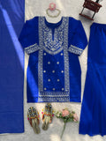 Royal Blue Embroidered Kurta with Heavy Silver Zari Neckline & Intricate Traditional Floral