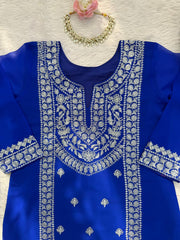 Royal Blue Embroidered Kurta with Heavy Silver Zari Neckline & Intricate Traditional Floral