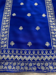 Royal Blue Embroidered Kurta with Heavy Silver Zari Neckline & Intricate Traditional Floral