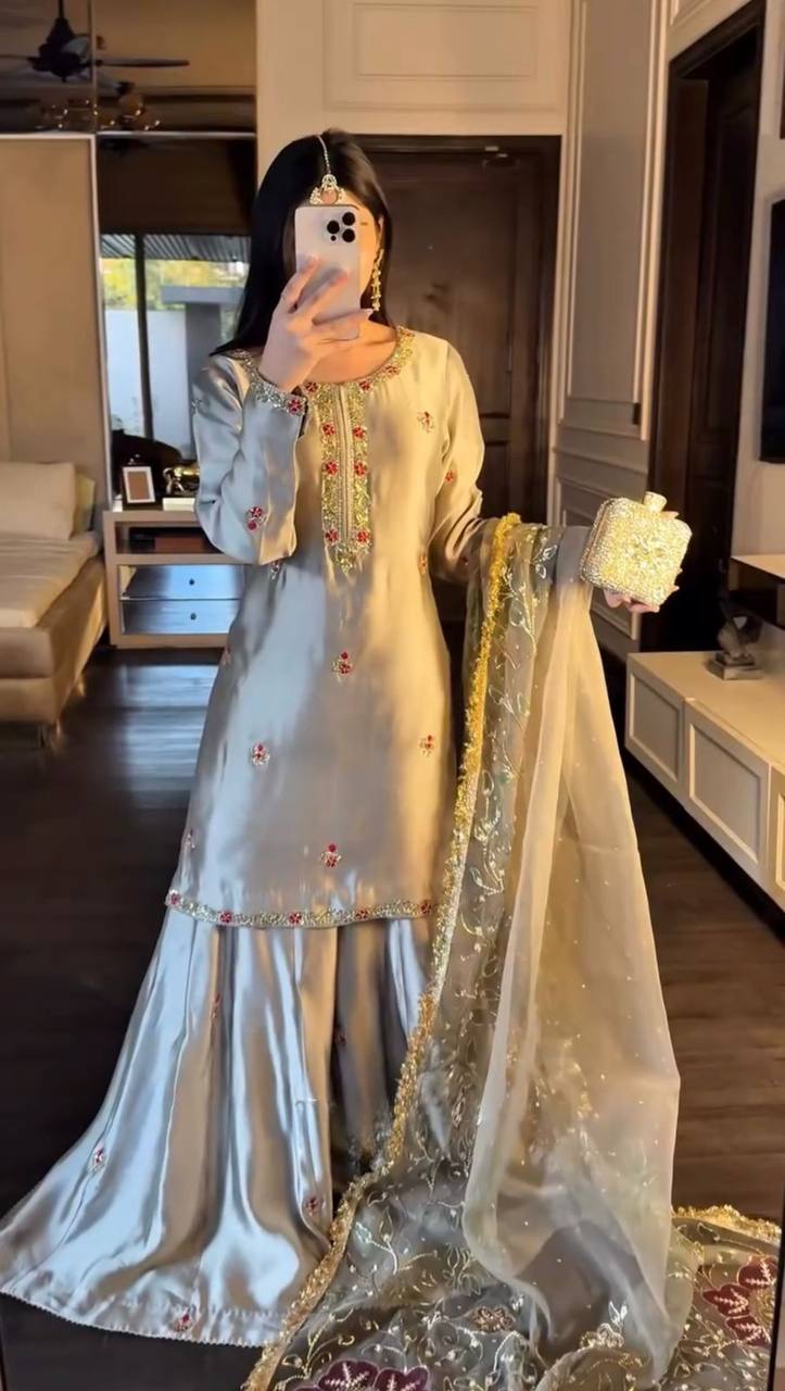 Luxury Ivory Silk Sharara Dress with Hand Embroidery & Dupatta