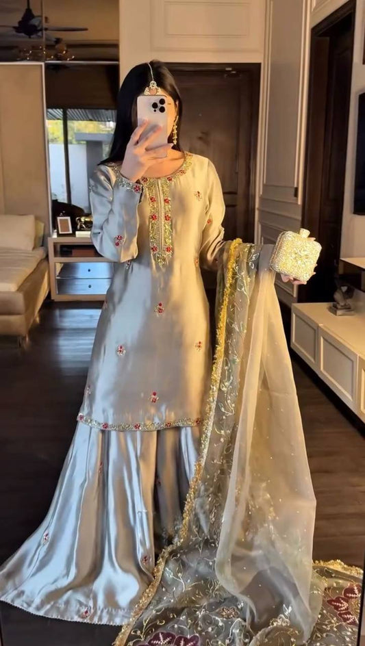 Luxury Ivory Silk Sharara Dress with Hand Embroidery & Dupatta