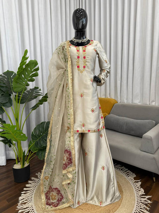 Luxury Ivory Silk Sharara Dress with Hand Embroidery & Dupatta