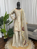Luxury Ivory Silk Sharara Dress with Hand Embroidery & Dupatta