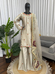Luxury Ivory Silk Sharara Dress with Hand Embroidery & Dupatta