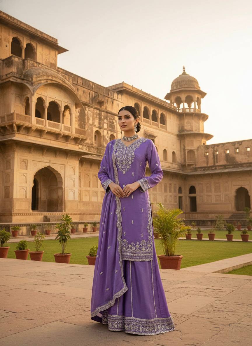 Royal Purple Embroidered Kurta with Intricate Gold Floral Work & Elegant Neckline